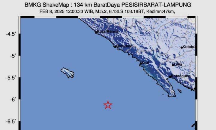 BMKG mendeteksi gempa berkekuatan tektonik 5,2 di pesisir barat Lampung pada Sabtu siang, 8 Februari 2025 (Dok. BMKG)